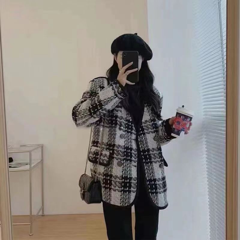 V-Neck Plaid Tweed Double Breasted Jacket