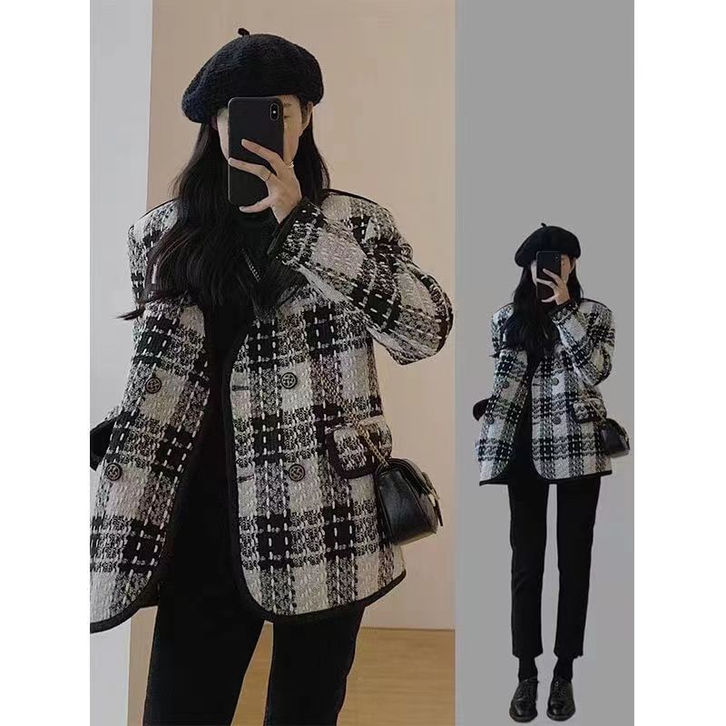 V-Neck Plaid Tweed Double Breasted Jacket