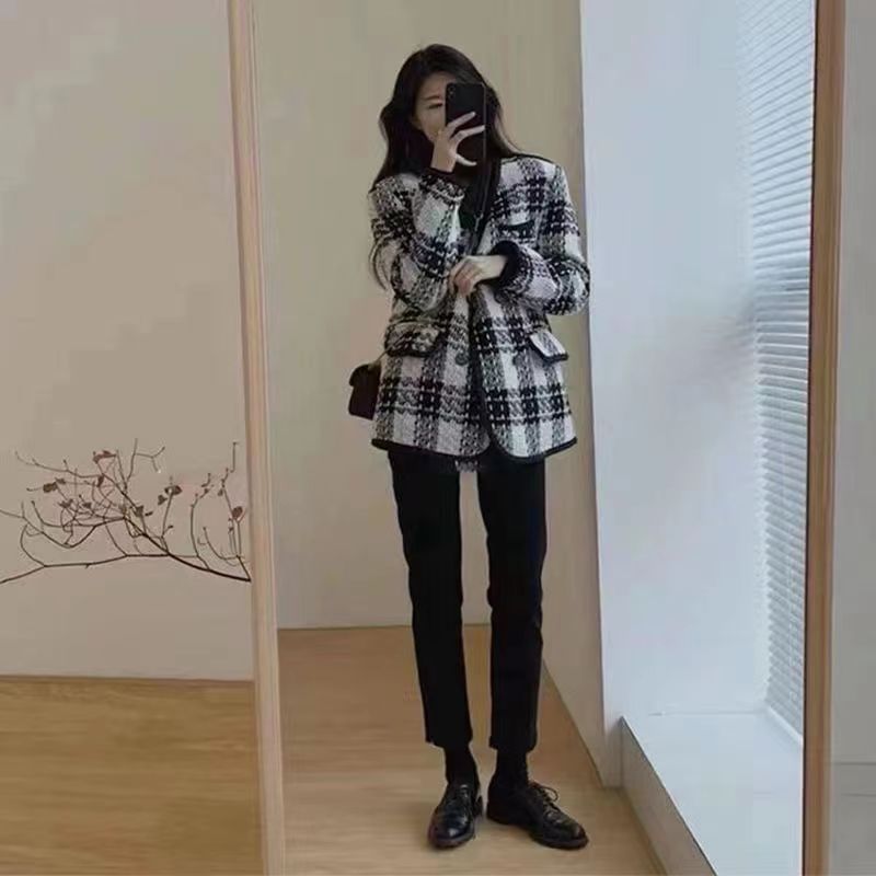 V-Neck Plaid Tweed Double Breasted Jacket