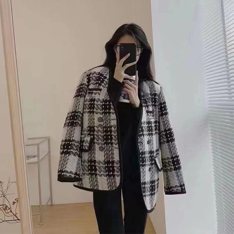 V-Neck Plaid Tweed Double Breasted Jacket
