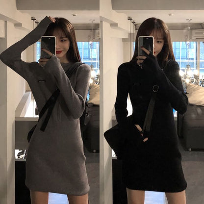 Long-Sleeve Crewneck Plain Mini Bodycon Dress