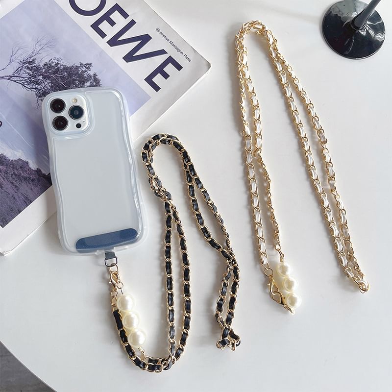 Leather Alloy Phone Pearl Lanyard Faux