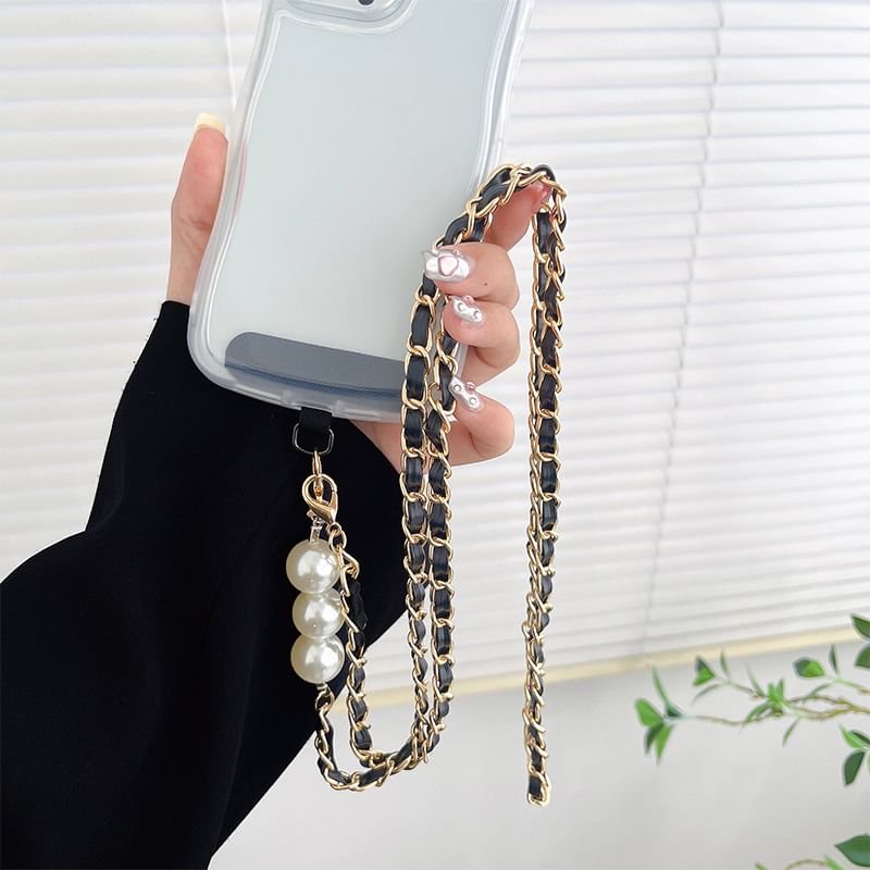 Faux Pearl Faux Leather Alloy Phone Lanyard