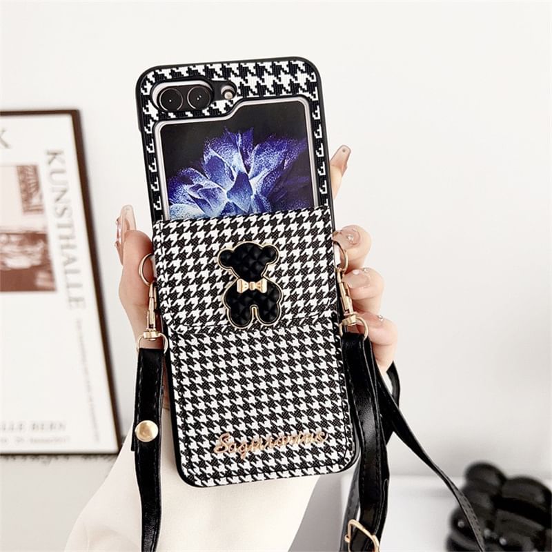 Lanyard Pearl Phone Cat Faux Case Houndstooth