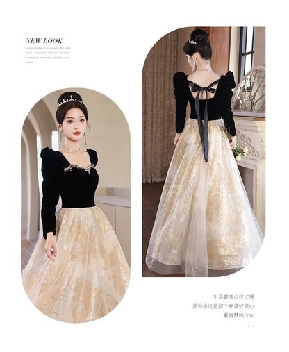 Puff-Sleeve Sweetheart-Neckline Rhinestone A-Line Mesh Evening Gown