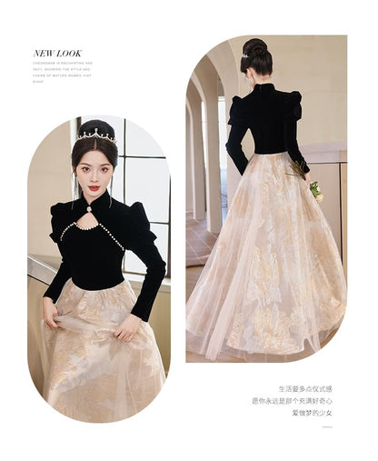 Puff-Sleeve Stand Collar Faux Pearl Trim Keyhole A-Line Evening Gown