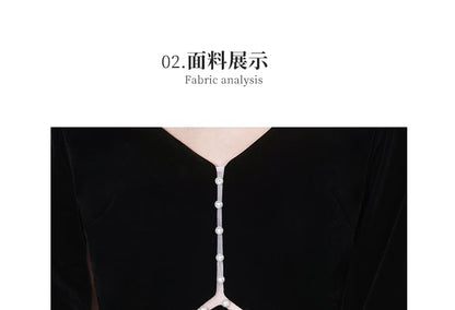 Long-Sleeve V-Neck Contrast Trim A-Line Evening Gown