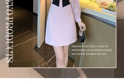 Long-Sleeve Square Neck Two Tone Bow Satin Mini A-Line Dress