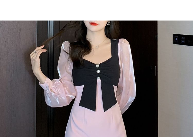 Long-Sleeve Square Neck Two Tone Bow Satin Mini A-Line Dress