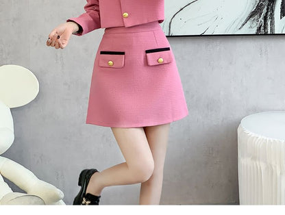 Set: Collared Two Tone Button Jacket + Mid Rise Mini A-Line Skirt