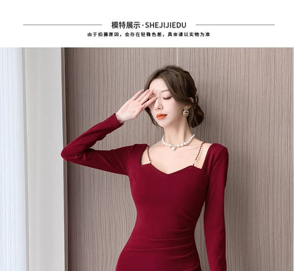 Long-Sleeve Square Neck Plain Midi Bodycon Dress