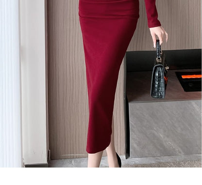 Long-Sleeve Square Neck Plain Midi Bodycon Dress