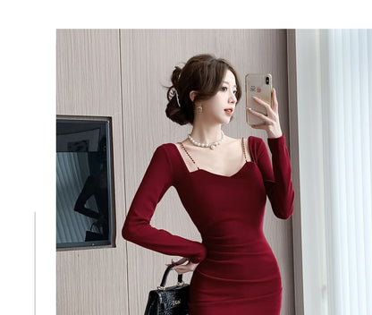 Long-Sleeve Square Neck Plain Midi Bodycon Dress