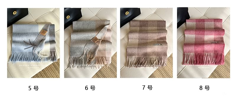 Wool Lettering Plaid Applique Fringed Scarf