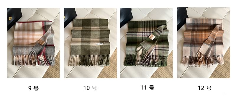 Wool Lettering Plaid Applique Fringed Scarf