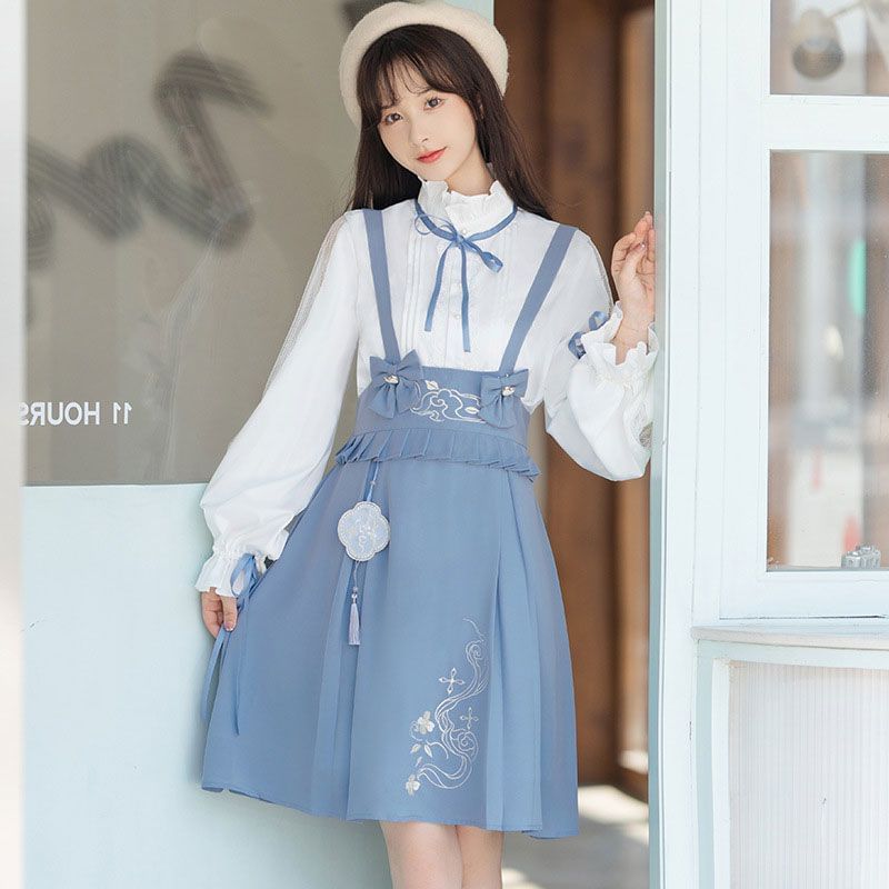 Long-Sleeve Pintuck Ribbon Lace Trim Blouse / High Waist Print Bow A-Line Jumper Skirt / Set