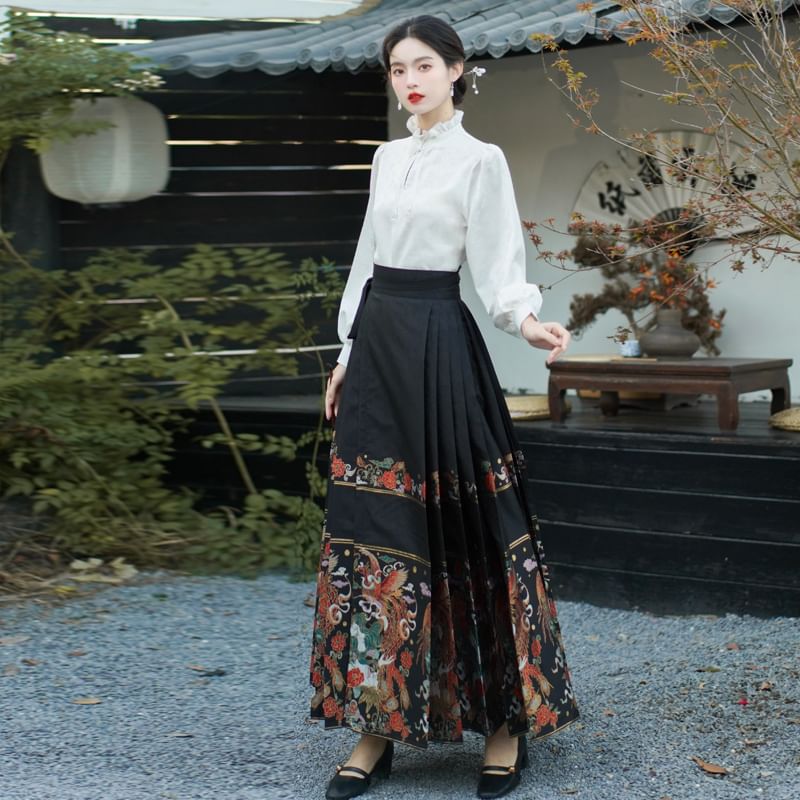 Mock Neck Plain Blouse / Mid Rise Hanfu Patterned Maxi A-Line Skirt / Necklace