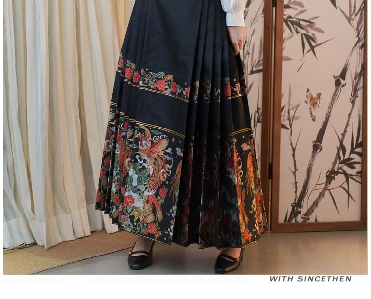 Mock Neck Plain Blouse / Mid Rise Hanfu Patterned Maxi A-Line Skirt / Necklace