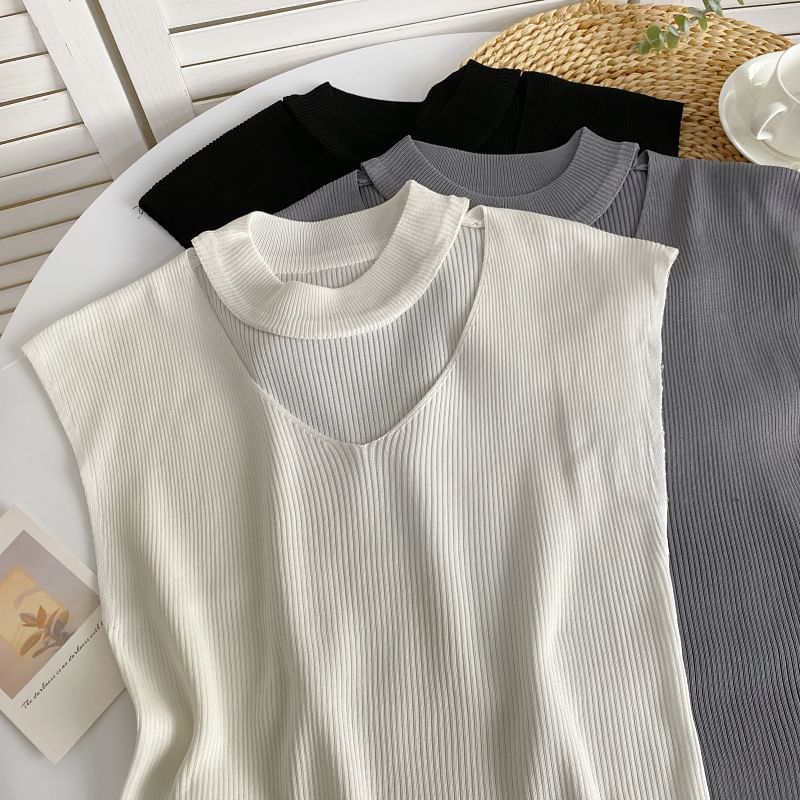 Sleeveless Mock Neck Plain Cutout Ribbed Knit Top