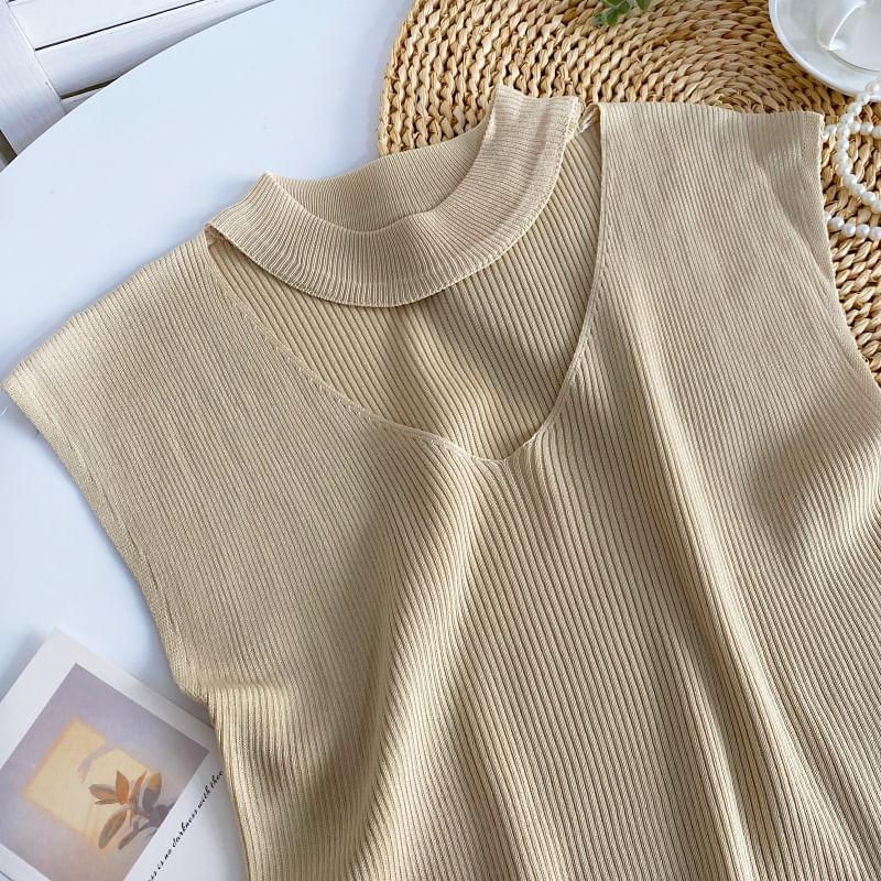 Sleeveless Mock Neck Plain Cutout Ribbed Knit Top