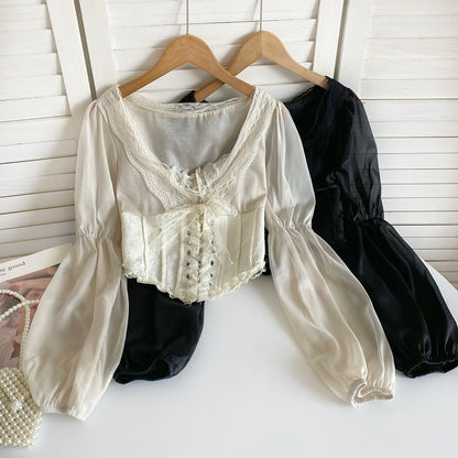 Cinched Sleeve Square Neck Plain Lace Up Panel Lace Blouse