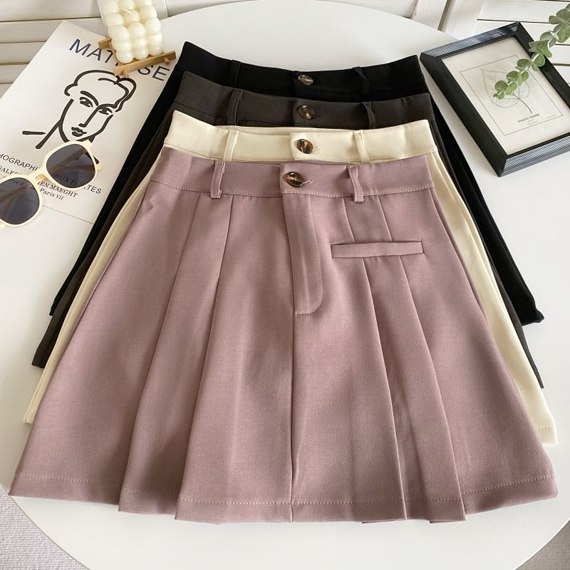 High Waist Plain Pleated Mini A-Line Skirt