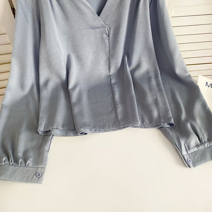 Long-Sleeve V-Neck Plain Pintuck Blouse