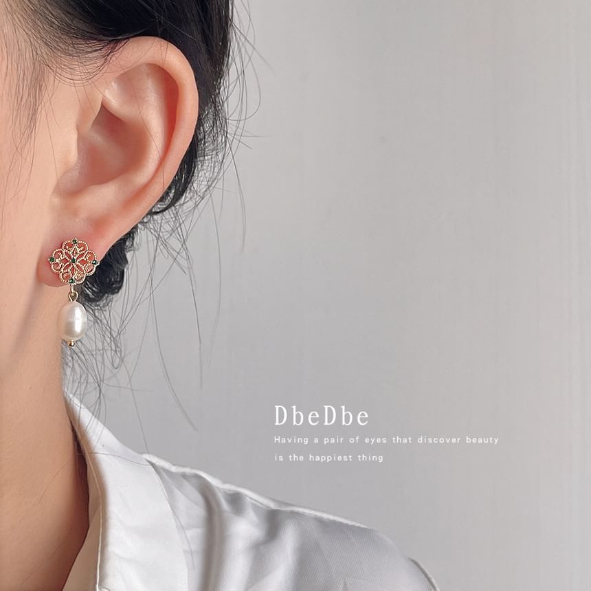 Earring Rhinestone Drop Pearl Clip-On Floral Faux