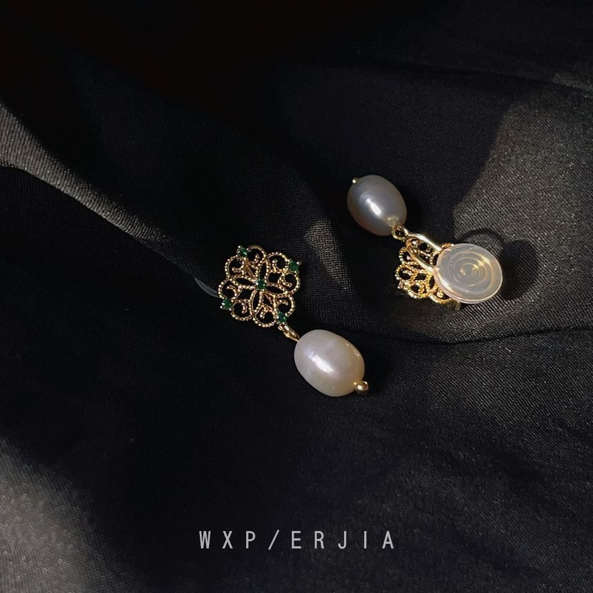 Earring Rhinestone Drop Pearl Clip-On Floral Faux