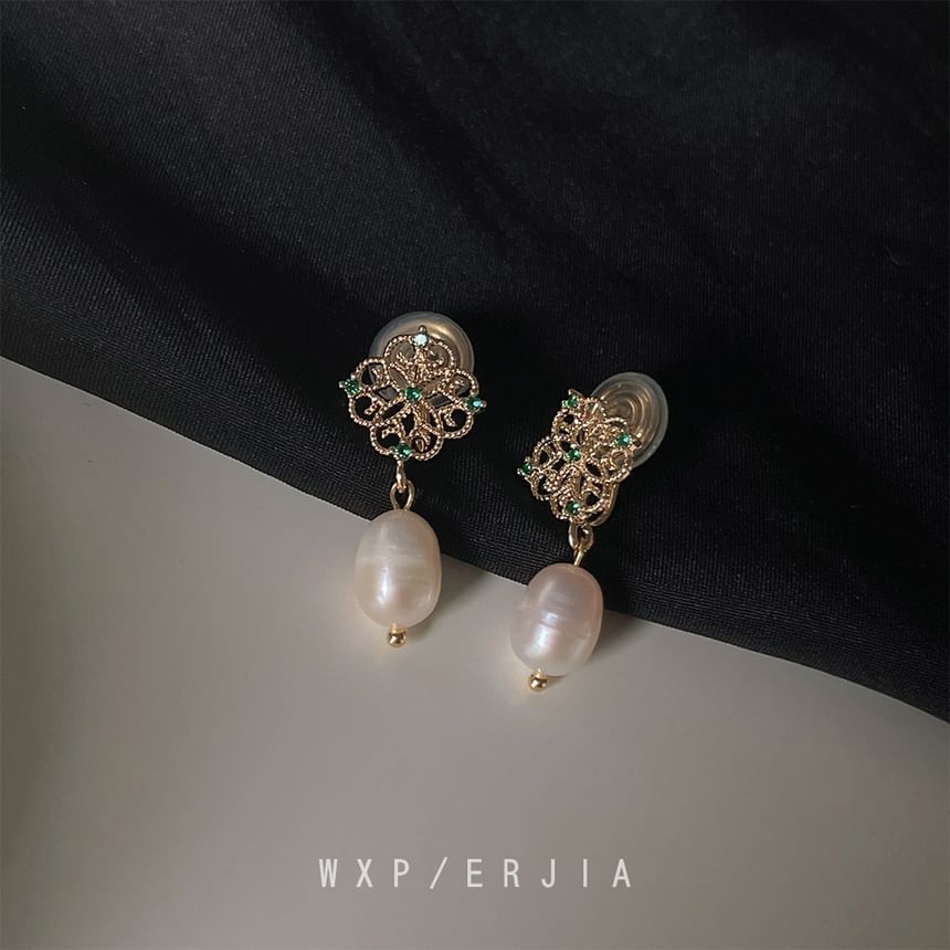 Earring Rhinestone Drop Pearl Clip-On Floral Faux