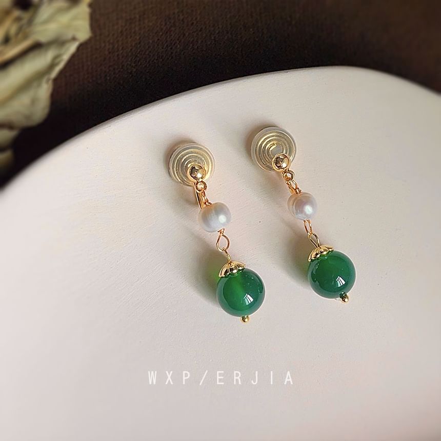 Faux Clip-On Drop Gemstone Earring Pearl