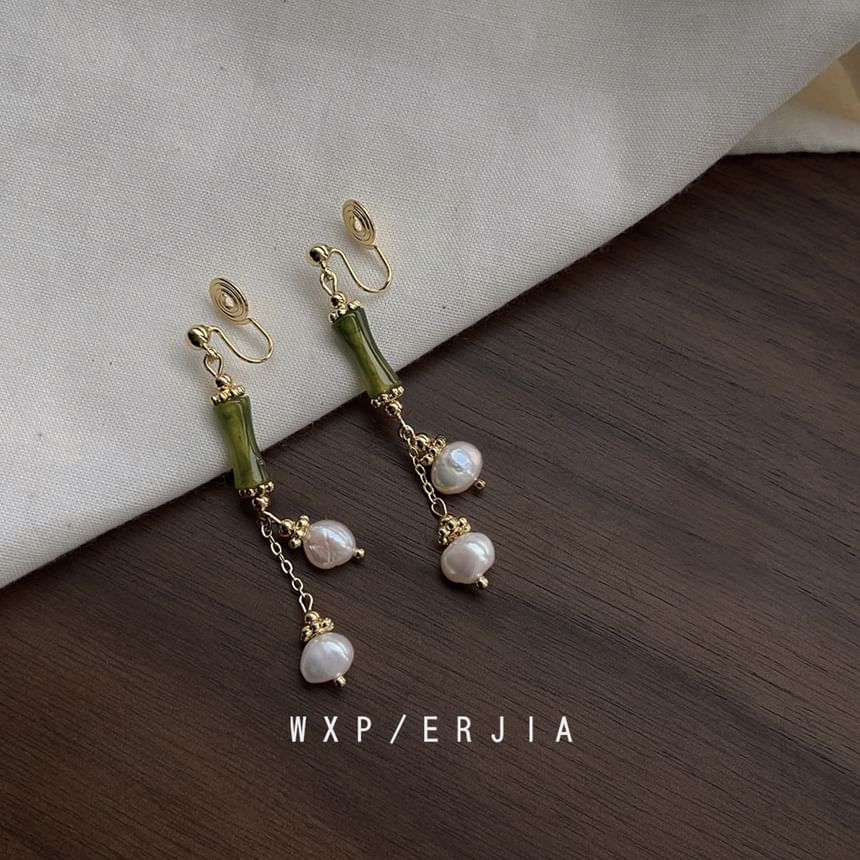 Clip-On Earring Bamboo Faux Pearl Drop