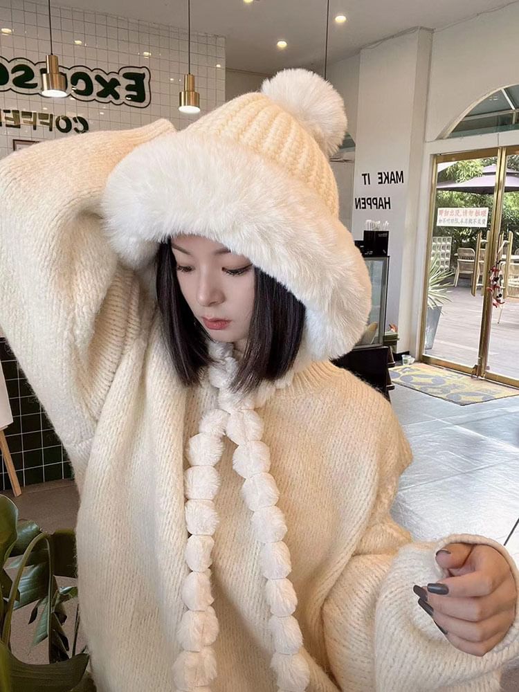 Faux Applique Trapper Hat Knit Lettering Fur