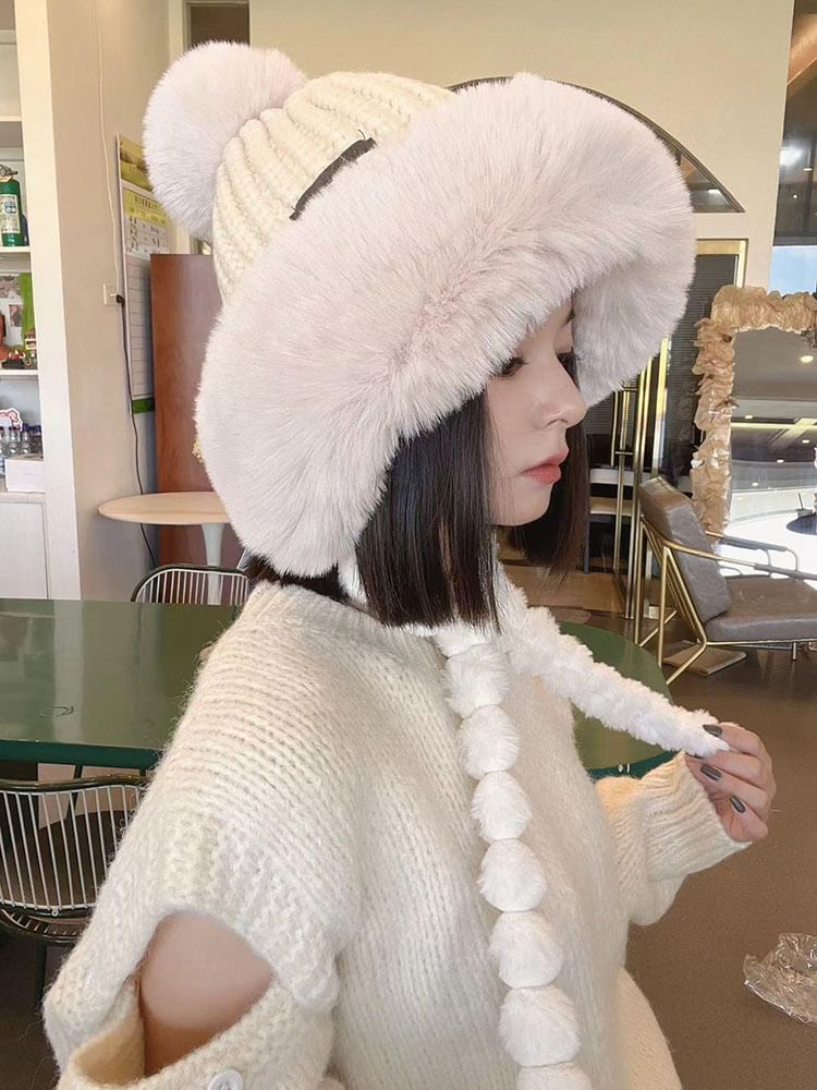 Faux Applique Trapper Hat Knit Lettering Fur