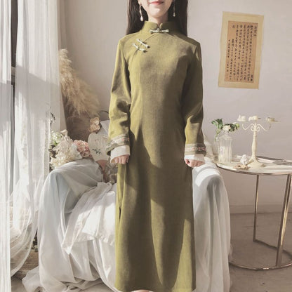 Set: Long-Sleeve Band Collar Embroidered Midi Qipao + Sleeveless Embroidered Midi Dress