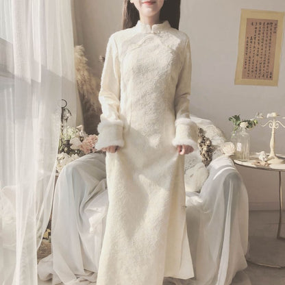 Long-Sleeve Band Collar Plain Lace Midi Qipao