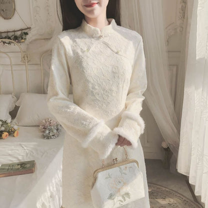 Long-Sleeve Band Collar Plain Lace Midi Qipao