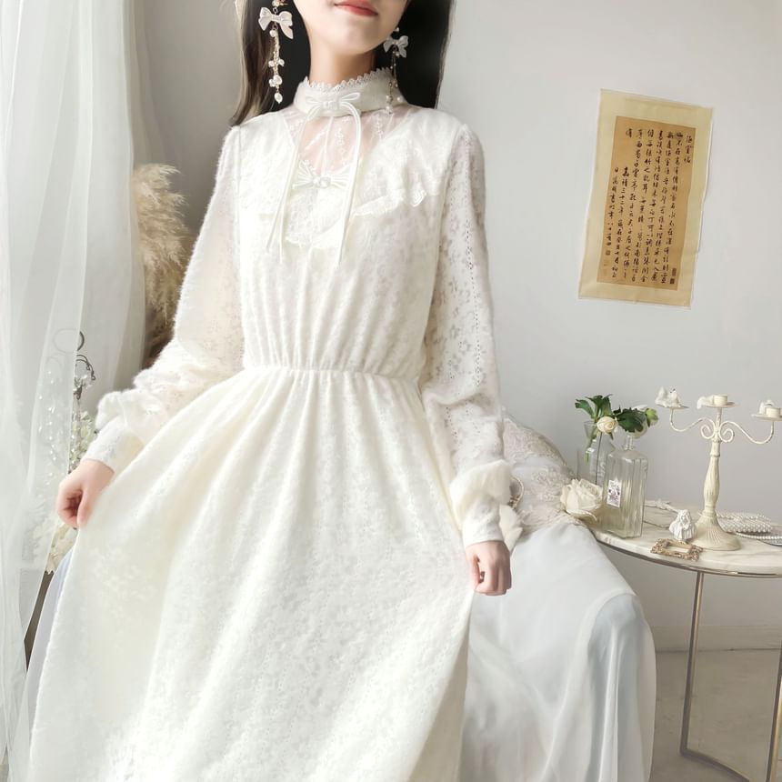 Long-Sleeve Mock Neck Plain Lace Panel Midi A-Line Dress