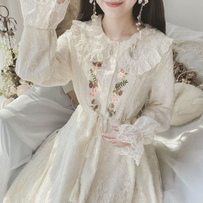 Long-Sleeve Collared Flower Embroidered Lace Trim Midi A-Line Dress