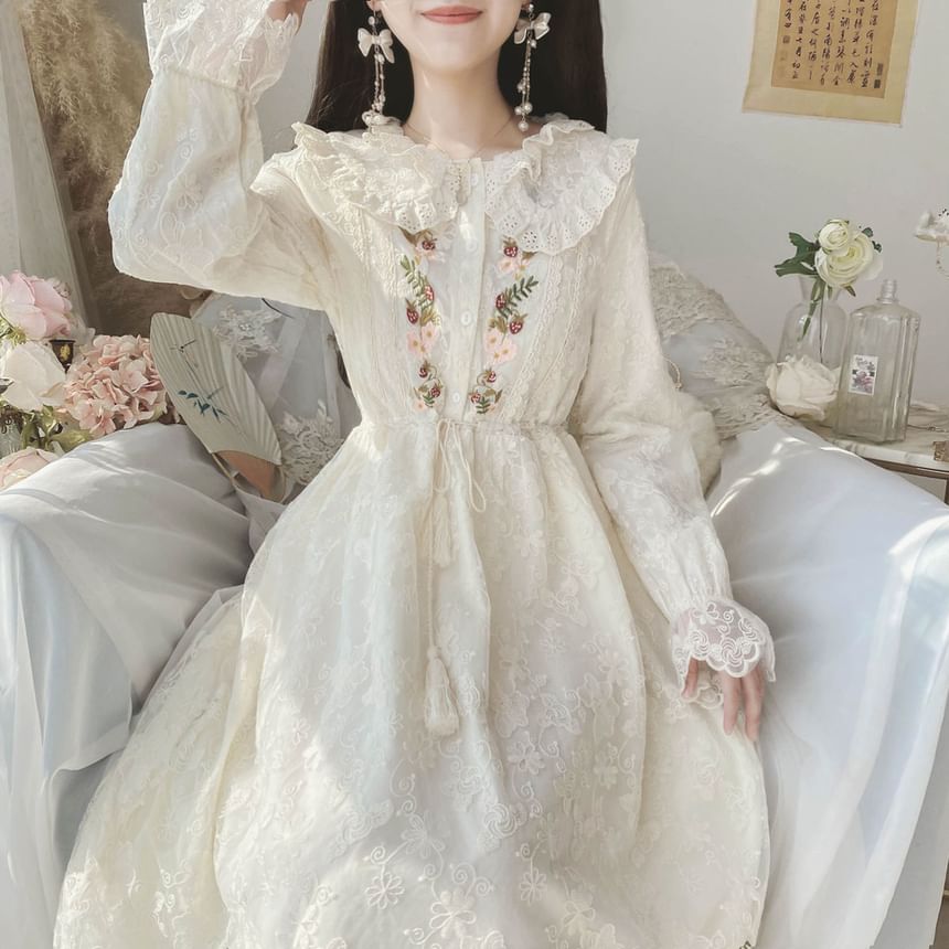 Long-Sleeve Collared Flower Embroidered Lace Trim Midi A-Line Dress