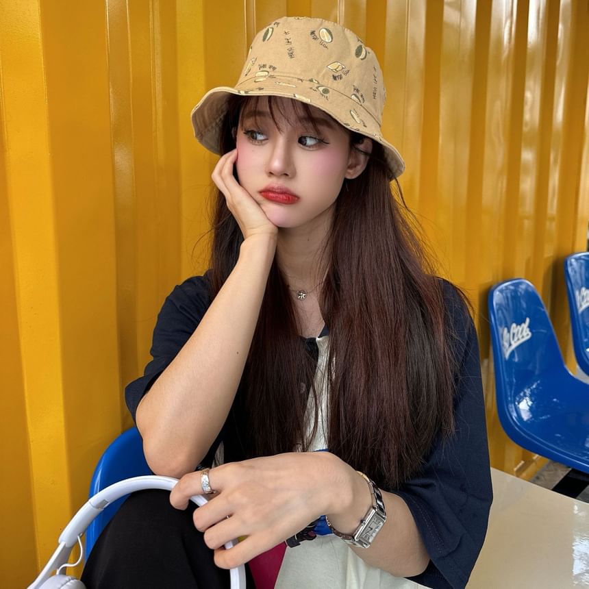 Lettering Bucket Hat Embroidered Reversible