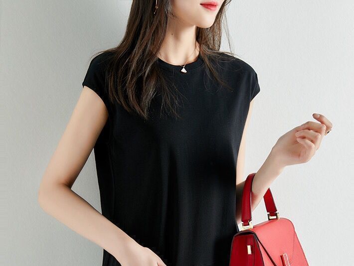 Plain Dress Neck Crew Cap-Sleeve Shift Midi