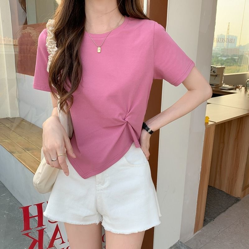 T-Shirt Crew Ruched Neck Crop Asymmetrical Plain Short-Sleeve