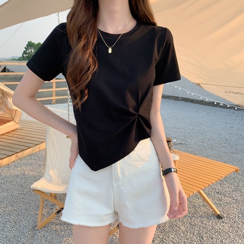 T-Shirt Crew Ruched Neck Crop Asymmetrical Plain Short-Sleeve