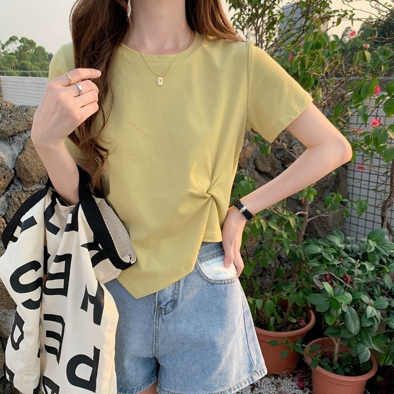T-Shirt Crew Ruched Neck Crop Asymmetrical Plain Short-Sleeve