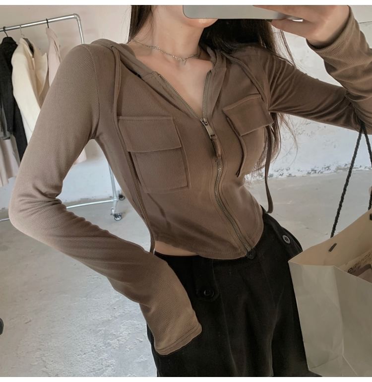 Plain Hoodie Zip-Up Crop Slim Fit