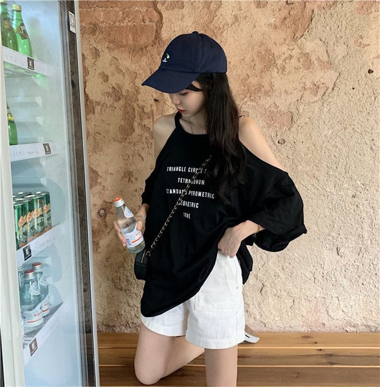 Shoulder Print Crew Cold T-Shirt 3/4-Sleeve Neck Lettering