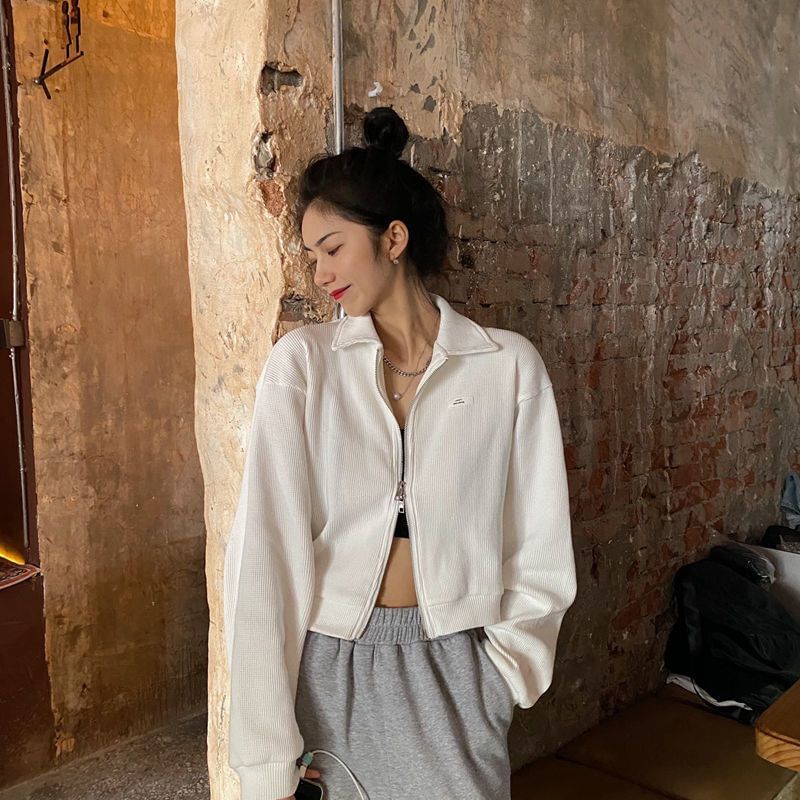 Waffle Plain Applique Zip-Up Jacket Crop Collared