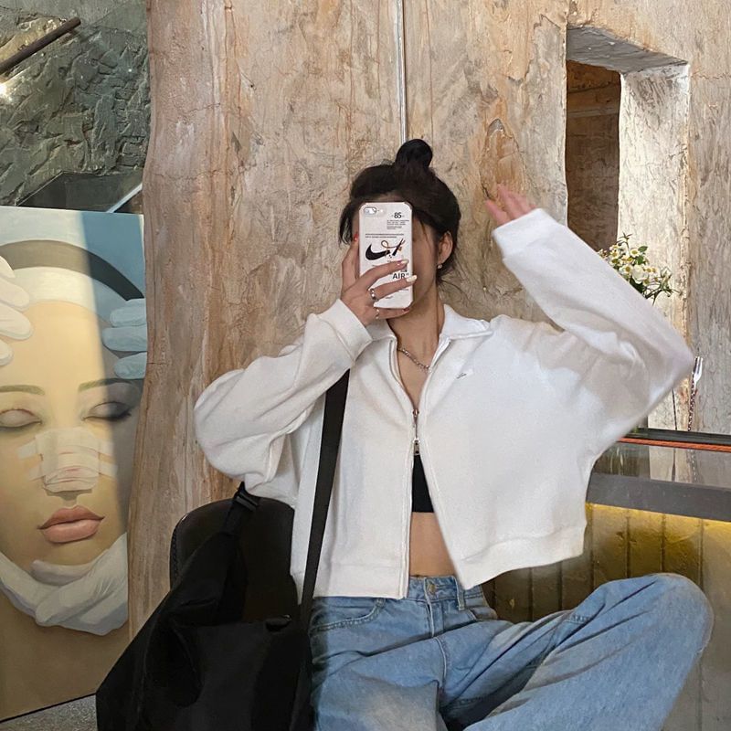 Waffle Plain Applique Zip-Up Jacket Crop Collared