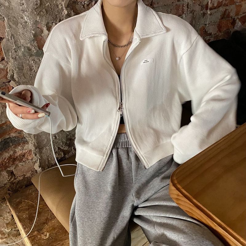 Waffle Plain Applique Zip-Up Jacket Crop Collared
